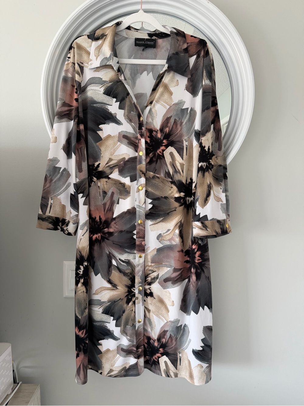 Frank Lyman Abstract Floral Button Up Shirt Dress Tunic Gold Buttons